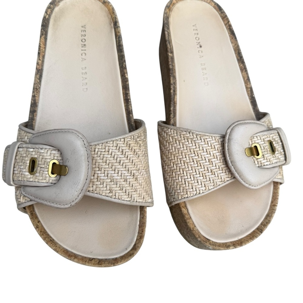 Veronica Beard Beige Woven Slides Wedge Heel Buckle - Picture 2 of 11